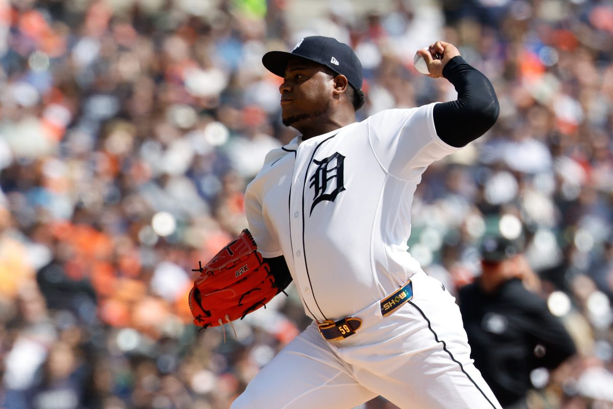 Apr 3, 2026; Detroit, Michigan, USA; Detroit Tigers pitcher Framber Valdez (59) pitches in the first inning against the St. Louis Cardinals at Comerica Park. Mandatory Credit: Rick Osentoski-Imagn Images