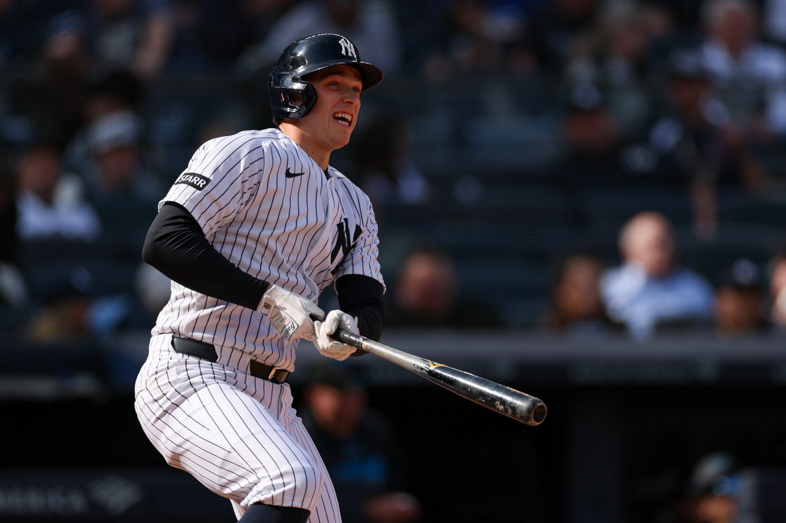 Apr 3, 2026; Bronx, New York, USA; New York Yankees first baseman Ben Rice (22) hits a solo home run during the seventh inning against the Miami Marlins at Yankee Stadium. Mandatory Credit: Vincent Carchietta-Imagn Images