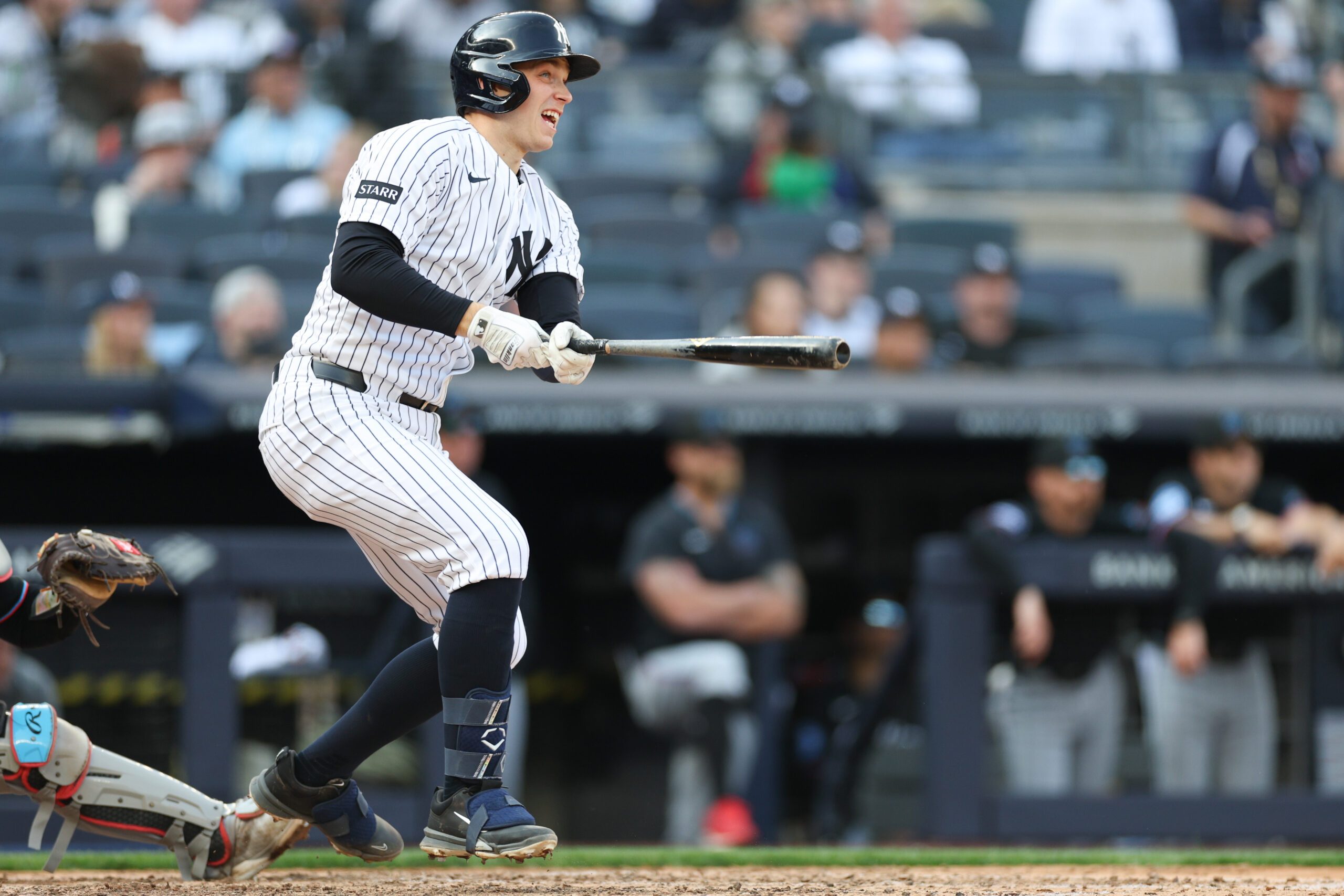 Apr 3, 2026; Bronx, New York, USA; New York Yankees first baseman Ben Rice (22) hist a two-RBI double during the eighth inning against the Miami Marlins at Yankee Stadium. Mandatory Credit: Vincent Carchietta-Imagn Images