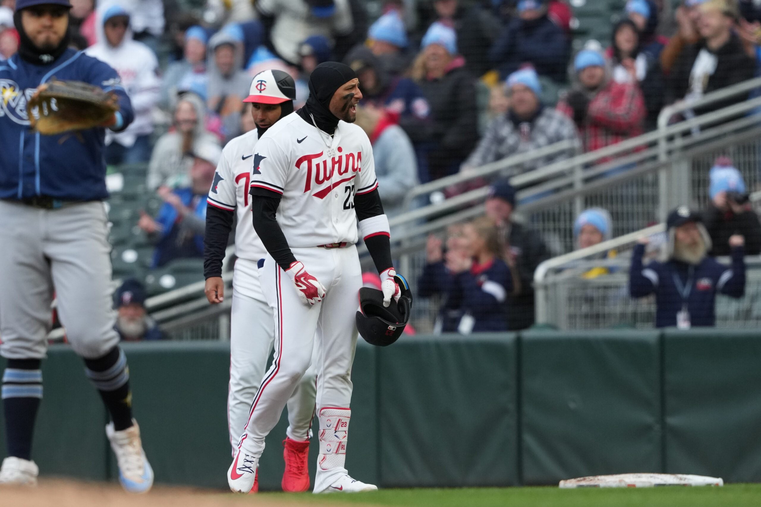 Apr 3, 2026; Minneapolis, Minnesota, USA; Minnesota Twins third baseman Royce Lewis (23) reacts after grounding into fielders choice during the fourth inning against the Tampa Bay Rays at Target Field. Mandatory Credit: Jordan Johnson-Imagn Images