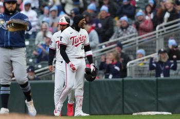 Apr 3, 2026; Minneapolis, Minnesota, USA; Minnesota Twins third baseman Royce Lewis (23) reacts after grounding into fielders choice during the fourth inning against the Tampa Bay Rays at Target Field. Mandatory Credit: Jordan Johnson-Imagn Images