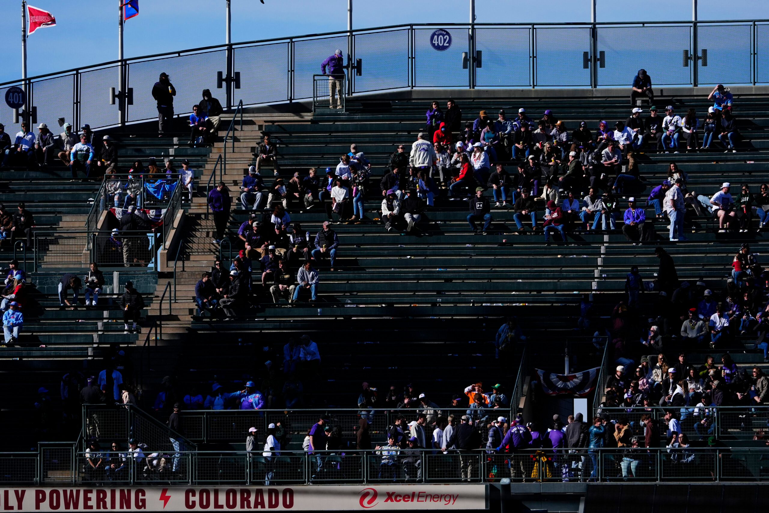 Apr 3, 2026; Denver, Colorado, USA; General view of the fans in the stands during the eighth inning between the Philadelphia Phillies against the Colorado Rockies at Coors Field. Mandatory Credit: Ron Chenoy-Imagn Images