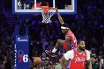 Apr 3, 2026; Philadelphia, Pennsylvania, USA; Philadelphia 76ers guard Vj Edgecombe (77) dunks the ball against the Minnesota Timberwolves during the fourth quarter at Xfinity Mobile Arena. Mandatory Credit: Bill Streicher-Imagn Images