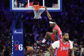 Apr 3, 2026; Philadelphia, Pennsylvania, USA; Philadelphia 76ers guard Vj Edgecombe (77) dunks the ball against the Minnesota Timberwolves during the fourth quarter at Xfinity Mobile Arena. Mandatory Credit: Bill Streicher-Imagn Images