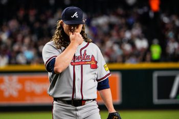 Apr 3, 2026; Phoenix, Arizona, USA; Atlanta Braves pitcher Grant Holmes (66) walks to the dugout during the first inning of the game against the Atlanta Braves at Chase Field. Mandatory Credit: Arianna Grainey-Imagn Images