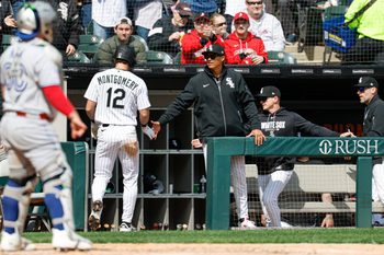 Apr 3, 2026; Chicago, Illinois, USA; Chicago White Sox manager Will Venable congratulates shortstop Colson Montgomery (12) after he scored against the Toronto Blue Jays during the third inning at Rate Field. Mandatory Credit: Kamil Krzaczynski-Imagn Images