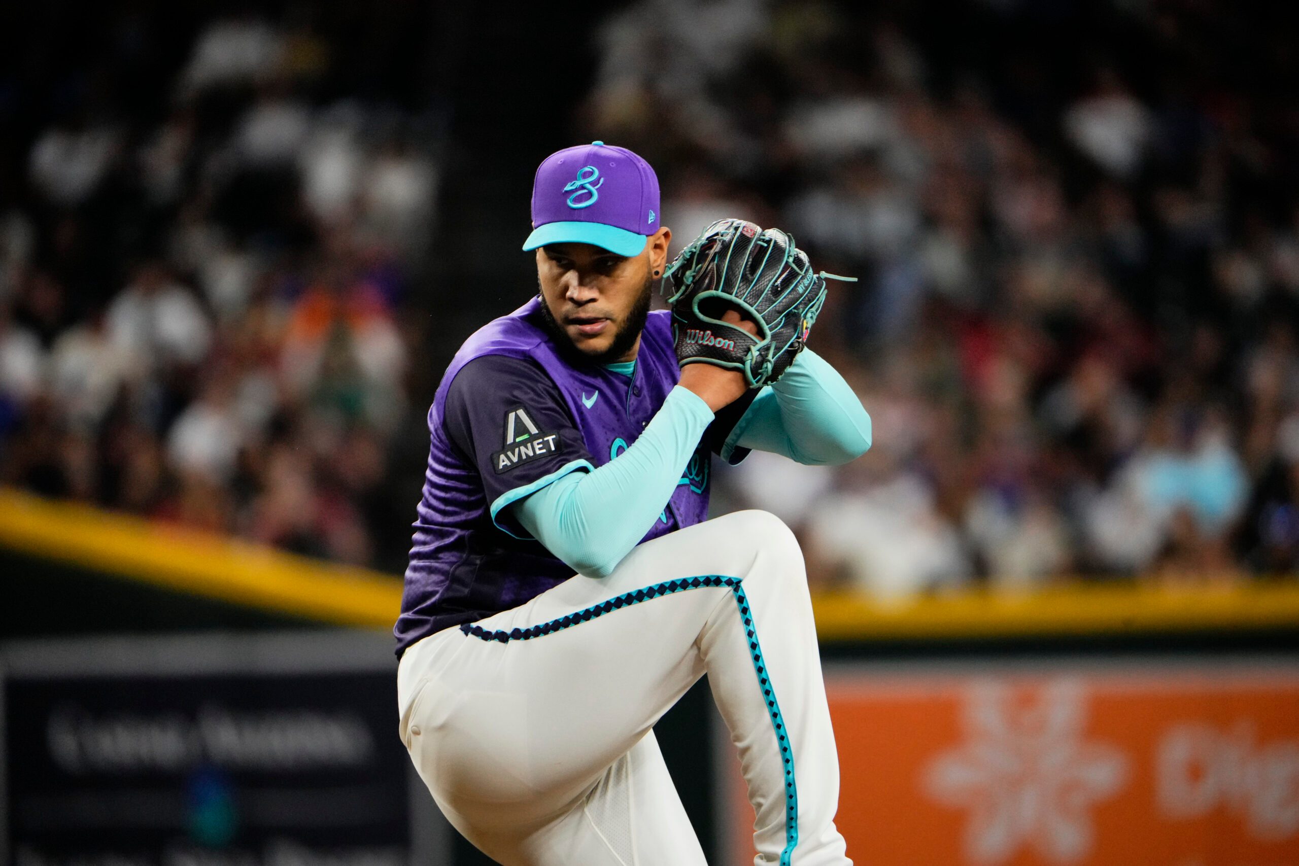 Apr 3, 2026; Phoenix, Arizona, USA; Arizona Diamondbacks pitcher Eduardo Rodriguez (57) readies for a pitch during the fifth inning of the game against the Atlanta Braves at Chase Field. Mandatory Credit: Arianna Grainey-Imagn Images