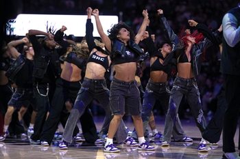 Apr 3, 2026; Sacramento, California, USA; Sacramento Kings dance team members perform on the court before the start of the fourth quarter against the New Orleans Pelicans at Golden 1 Center. Mandatory Credit: Darren Yamashita-Imagn Images