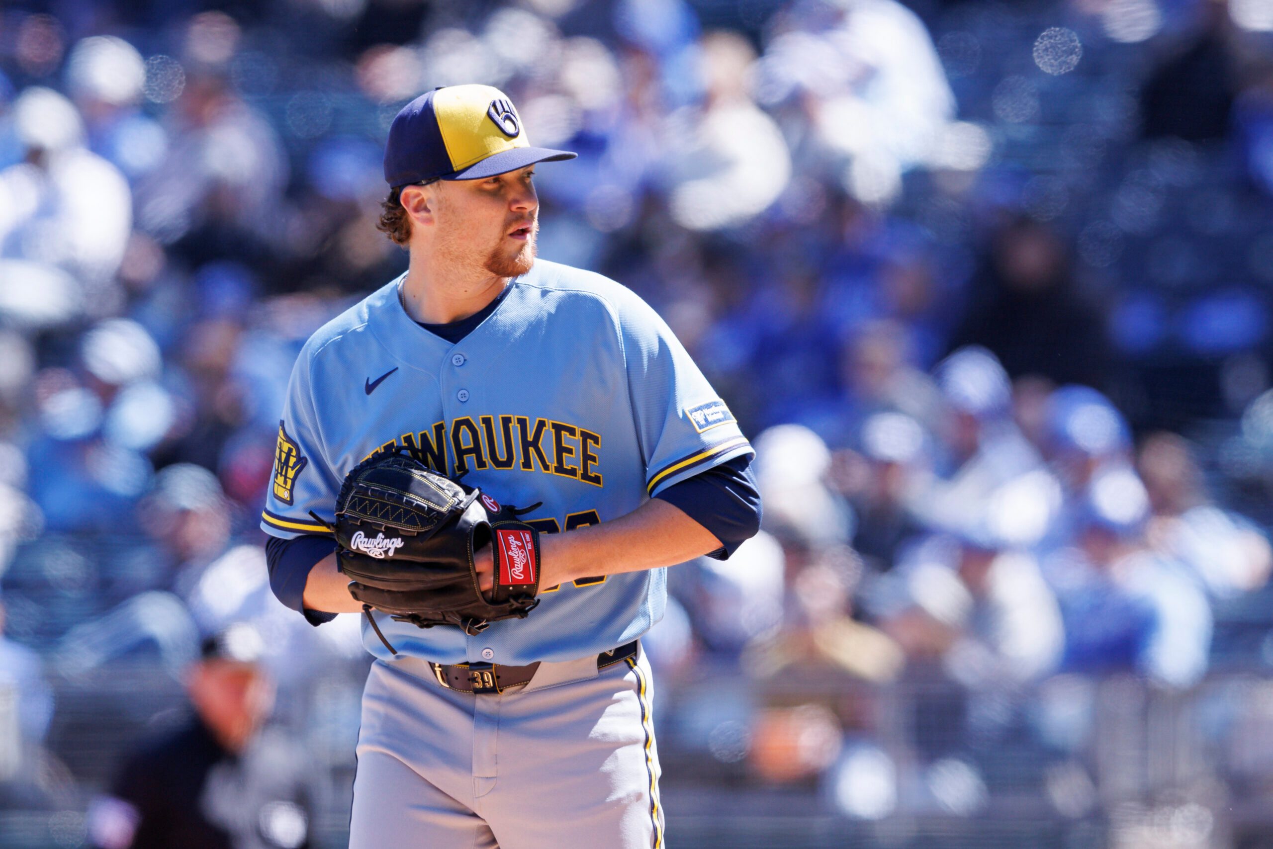 Apr 4, 2026; Kansas City, Missouri, USA; Milwaukee Brewers pitcher Chad Patrick (39) pitches during the first inning against the Kansas City Royals at Kauffman Stadium. Mandatory Credit: William Purnell-Imagn Images