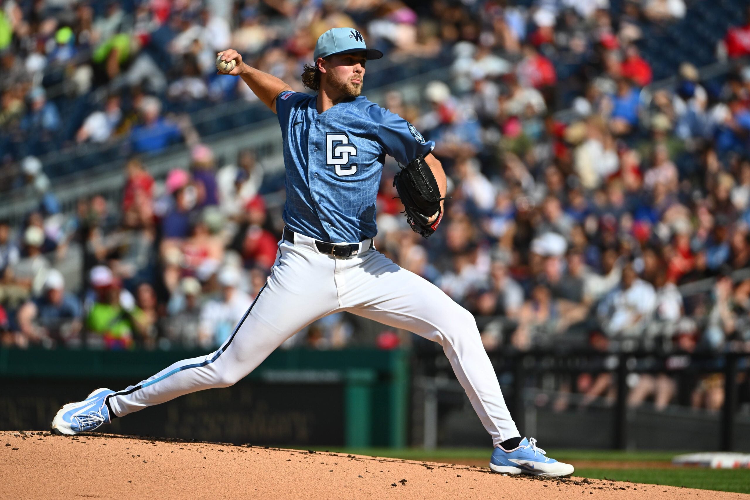 Apr 4, 2026; Washington, District of Columbia, USA; Washington Nationals pitcher Jake Irvin (27) throws to the Los Angeles Dodgers during the second inning at Nationals Park. Mandatory Credit: Brad Mills-Imagn Images
