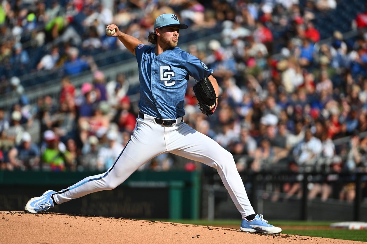 Apr 4, 2026; Washington, District of Columbia, USA; Washington Nationals pitcher Jake Irvin (27) throws to the Los Angeles Dodgers during the second inning at Nationals Park. Mandatory Credit: Brad Mills-Imagn Images