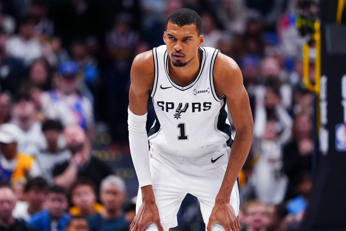 Apr 4, 2026; Denver, Colorado, USA; San Antonio Spurs forward Victor Wembanyama (1) during the second half against the Denver Nuggets at Ball Arena. Mandatory Credit: Ron Chenoy-Imagn Images