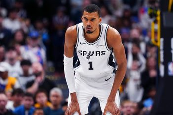 Apr 4, 2026; Denver, Colorado, USA; San Antonio Spurs forward Victor Wembanyama (1) during the second half against the Denver Nuggets at Ball Arena. Mandatory Credit: Ron Chenoy-Imagn Images