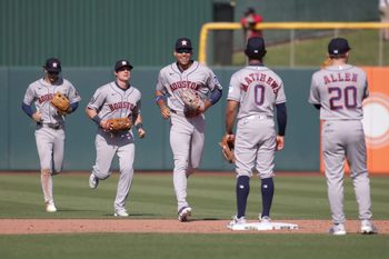 Apr 4, 2026; West Sacramento, California, USA; The Houston Astros celebrates their win over the Athletics in a baseball game at Sutter Health Park. Mandatory Credit: Scott Marshall-Imagn Images