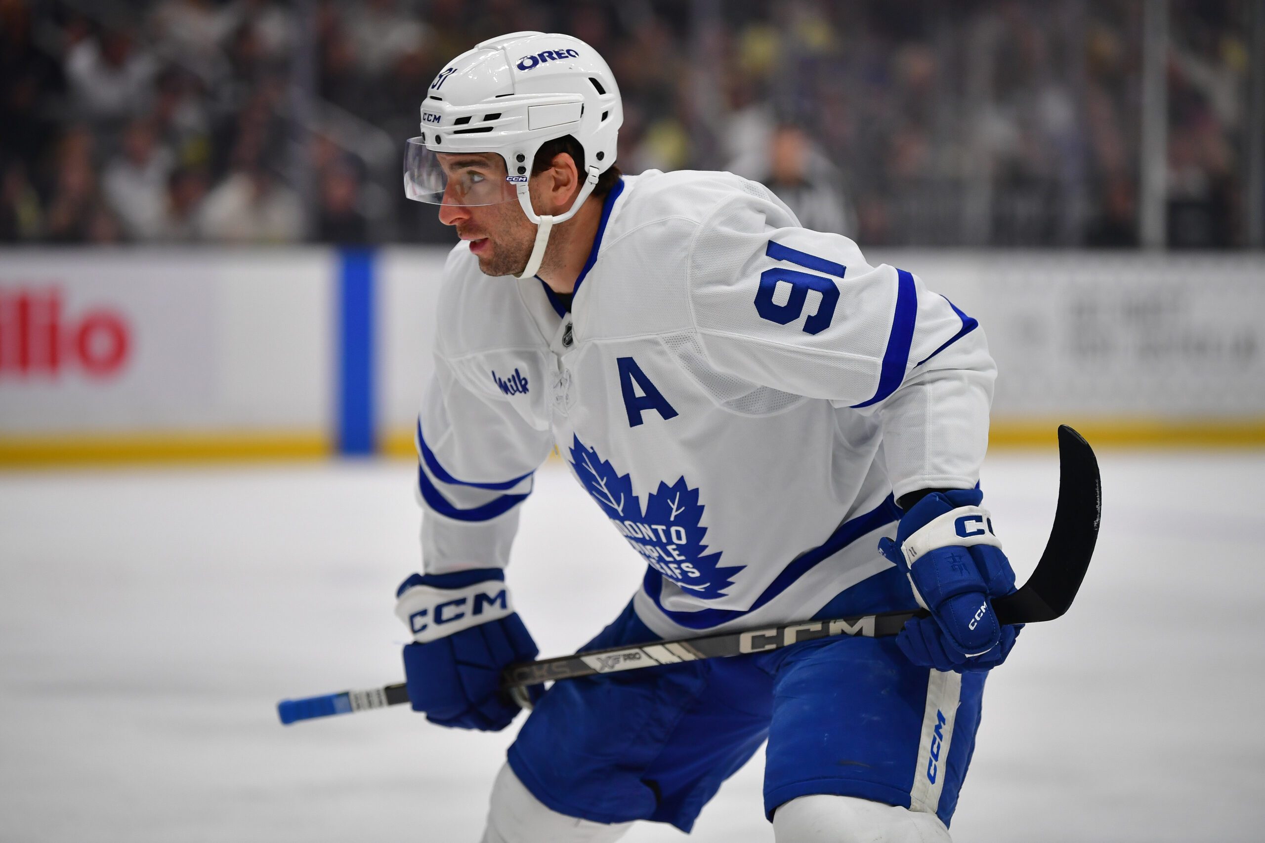 Apr 4, 2026; Los Angeles, California, USA; Toronto Maple Leafs center John Tavares (91) against the Los Angeles Kings during the first period at Crypto.com Arena. Mandatory Credit: Gary A. Vasquez-Imagn Images