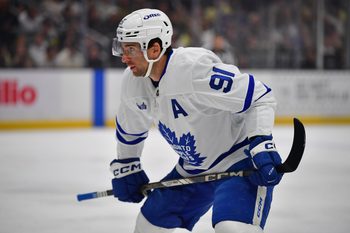 Apr 4, 2026; Los Angeles, California, USA; Toronto Maple Leafs center John Tavares (91) against the Los Angeles Kings during the first period at Crypto.com Arena. Mandatory Credit: Gary A. Vasquez-Imagn Images