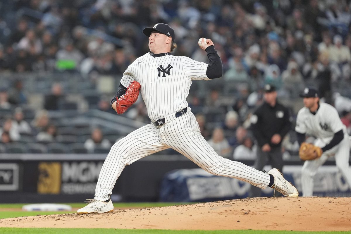 Apr 4, 2026; Bronx, New York, USA; New York Yankees pitcher Ryan Weathers (40) delivers a pitch against the Miami Marlins during the second inning at Yankee Stadium. Mandatory Credit: Gregory Fisher-Imagn Images