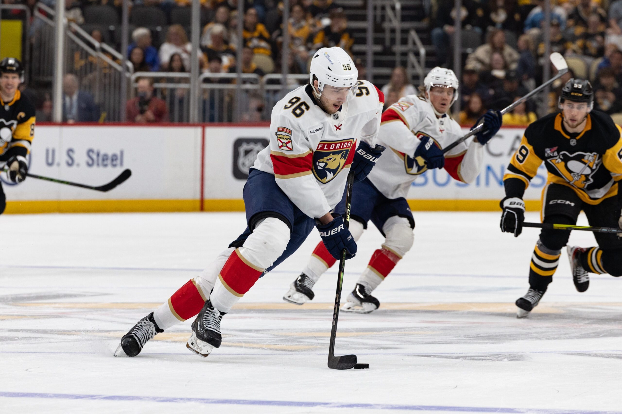 Apr 4, 2026; Pittsburgh, Pennsylvania, USA; Florida Panthers defenseman Mikulas Hovorka (96) controls the puck against the Pittsburgh Penguins during the third period at PPG Paints Arena. Mandatory Credit: Mark Alberti-Imagn Images