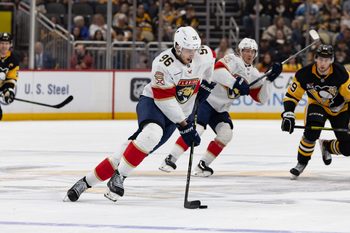Apr 4, 2026; Pittsburgh, Pennsylvania, USA; Florida Panthers defenseman Mikulas Hovorka (96) controls the puck against the Pittsburgh Penguins during the third period at PPG Paints Arena. Mandatory Credit: Mark Alberti-Imagn Images