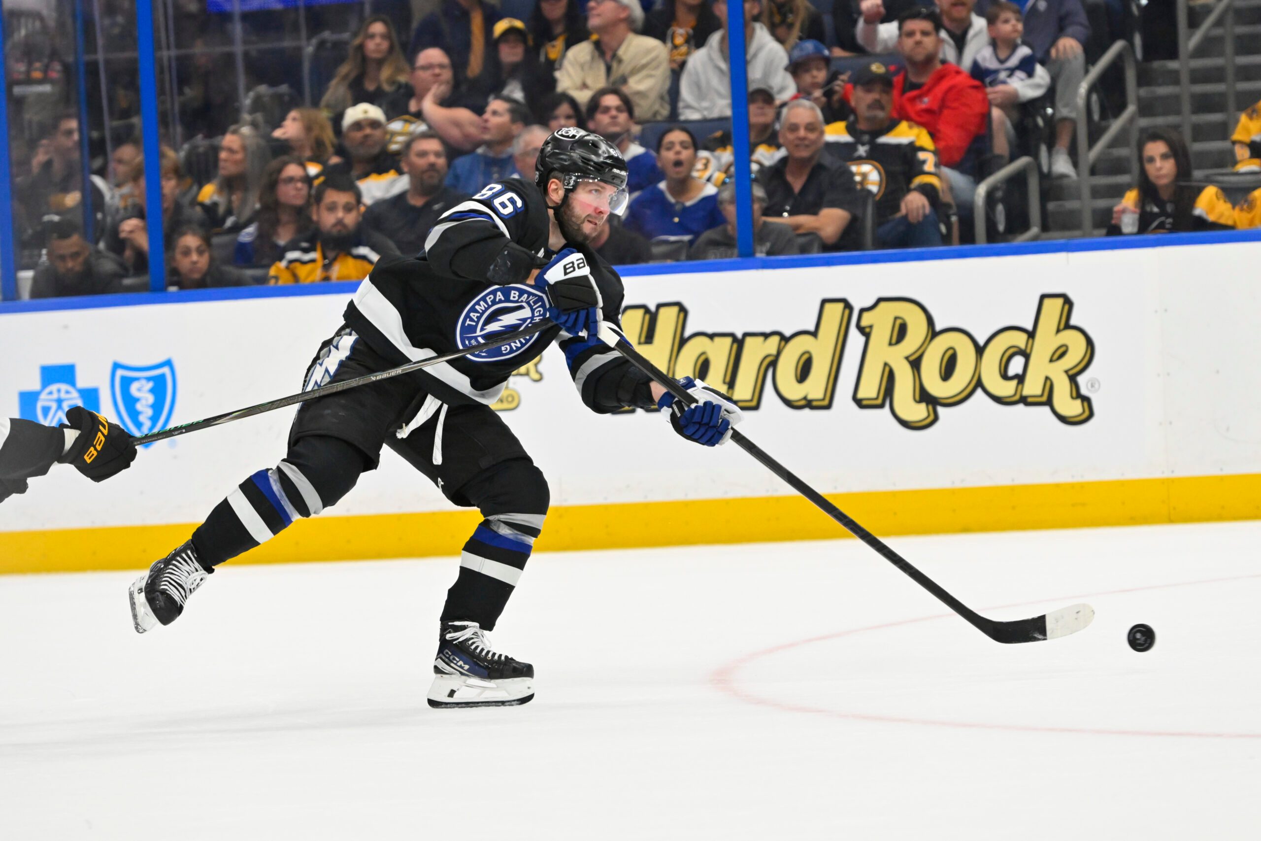 Apr 4, 2026; Tampa, Florida, USA; Tampa Bay Lighting right wing Nikita Kucherov (86) scores a goal during the third period against Boston Bruins at Benchmark International Arena. Mandatory Credit: Pablo Robles-Imagn Images