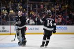 Apr 4, 2026; Los Angeles, California, USA; Los Angeles Kings right wing Alex Laferriere (14) celebrates his goal scored against the Toronto Maple Leafs with goaltender Darcy Kuemper (35) during the third period at Crypto.com Arena. Mandatory Credit: Gary A. Vasquez-Imagn Images