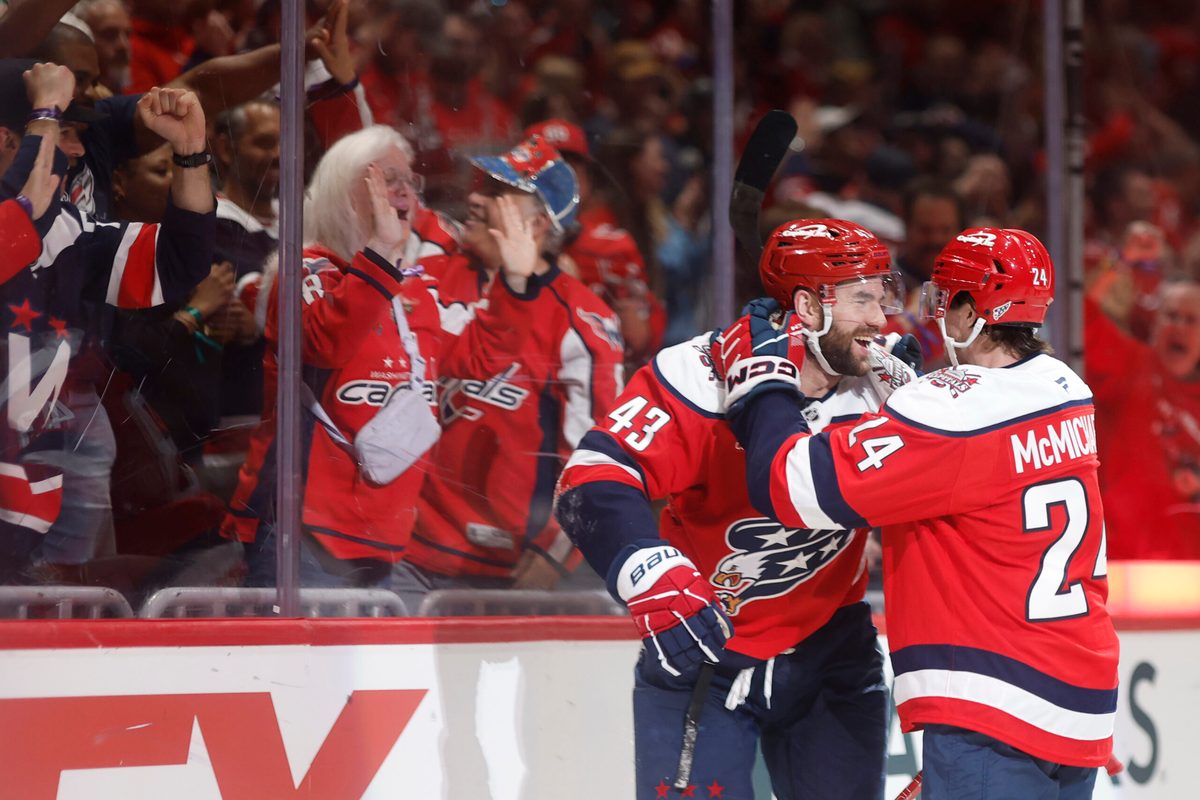 Apr 4, 2026; Washington, District of Columbia, USA; Washington Capitals right wing Tom Wilson (43) celebrates with  Capitals left wing Connor McMichael (24) after scoring a goal against the Buffalo Sabres during the third period at Capital One Arena. Mandatory Credit: Geoff Burke-Imagn Images