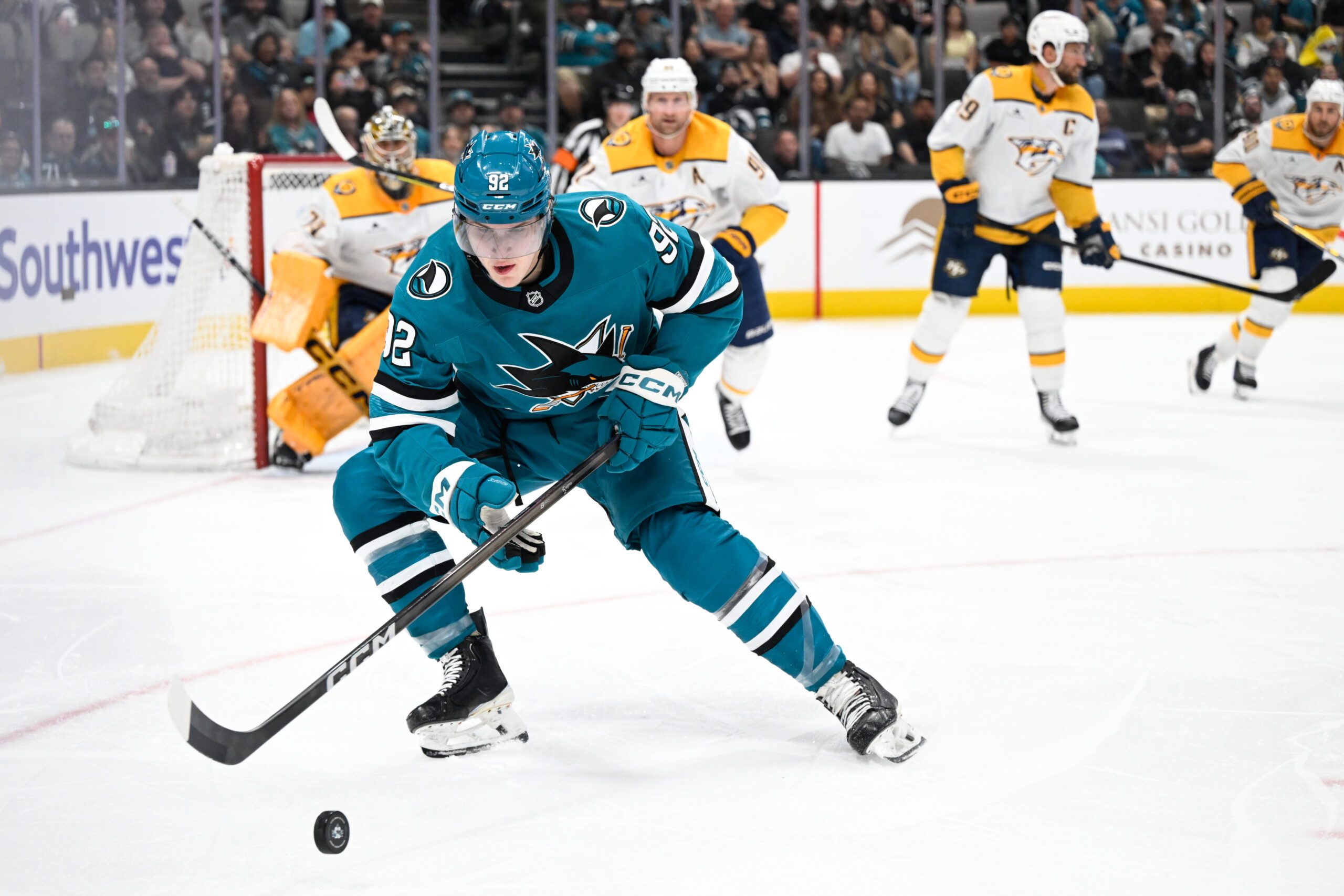 Apr 4, 2026; San Jose, California, USA; San Jose Sharks left winger Igor Chernyshov (92) controls the puck against the Nashville Predators in the second period at SAP Center at San Jose. Mandatory Credit: Eakin Howard-Imagn Images