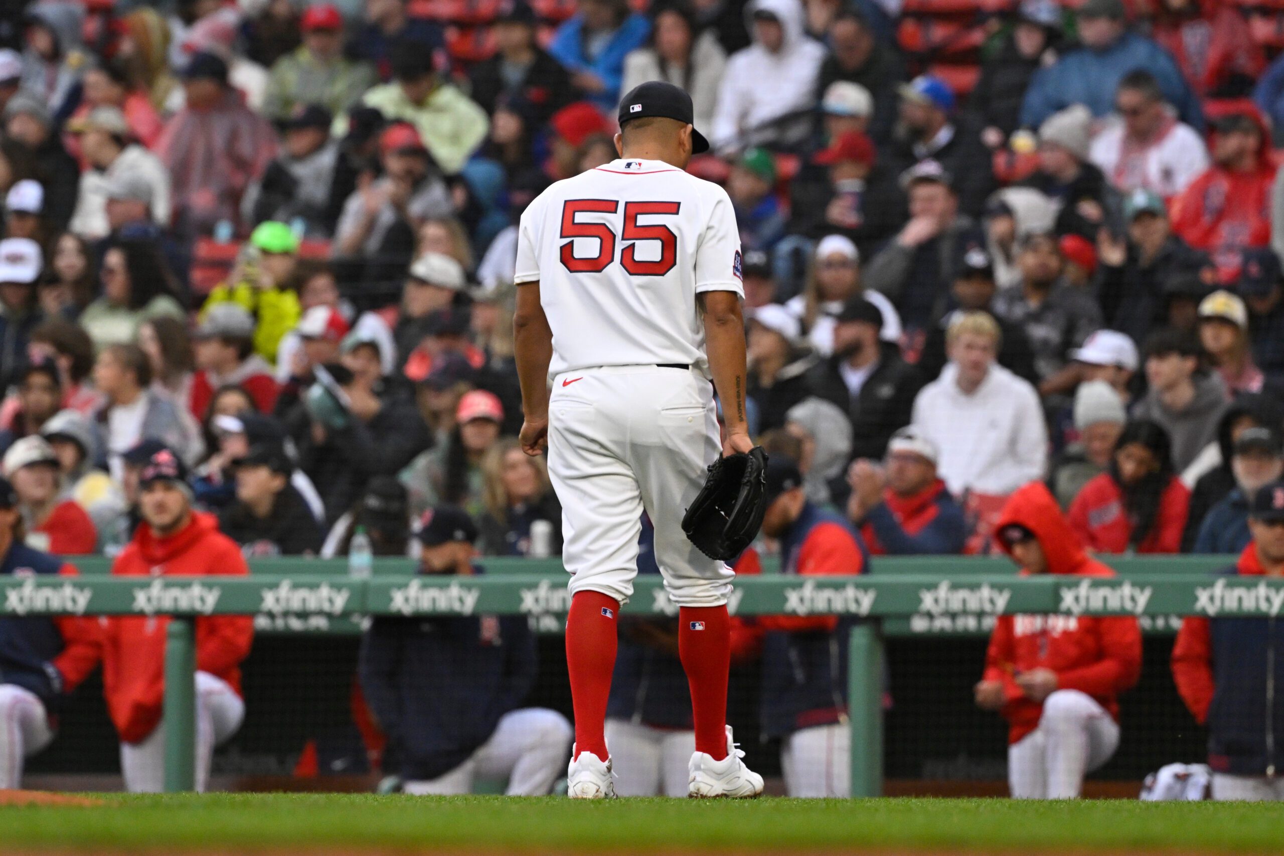 Apr 5, 2026; Boston, Massachusetts, USA; Boston Red Sox starting pitcher Ranger Suarez (55) is relieved of pitching duties  during the fifth inning against the San Diego Padres at Fenway Park. Mandatory Credit: Eric Canha-Imagn Images