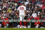 Apr 5, 2026; Boston, Massachusetts, USA; Boston Red Sox starting pitcher Ranger Suarez (55) is relieved of pitching duties  during the fifth inning against the San Diego Padres at Fenway Park. Mandatory Credit: Eric Canha-Imagn Images