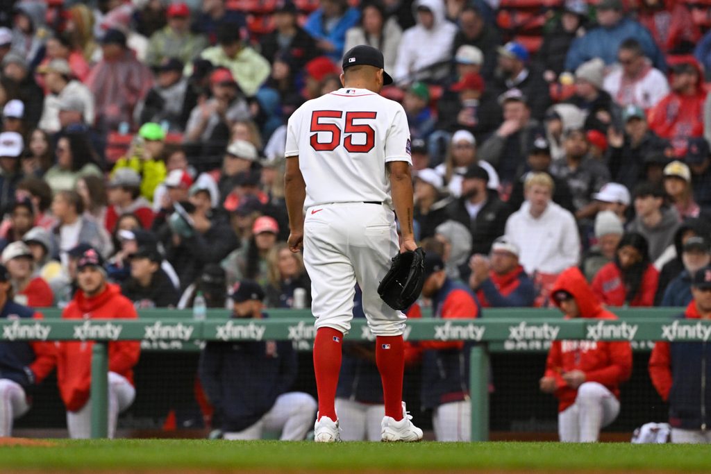 Apr 5, 2026; Boston, Massachusetts, USA; Boston Red Sox starting pitcher Ranger Suarez (55) is relieved of pitching duties during the fifth inning against the San Diego Padres at Fenway Park. Mandatory Credit: Eric Canha-Imagn Images