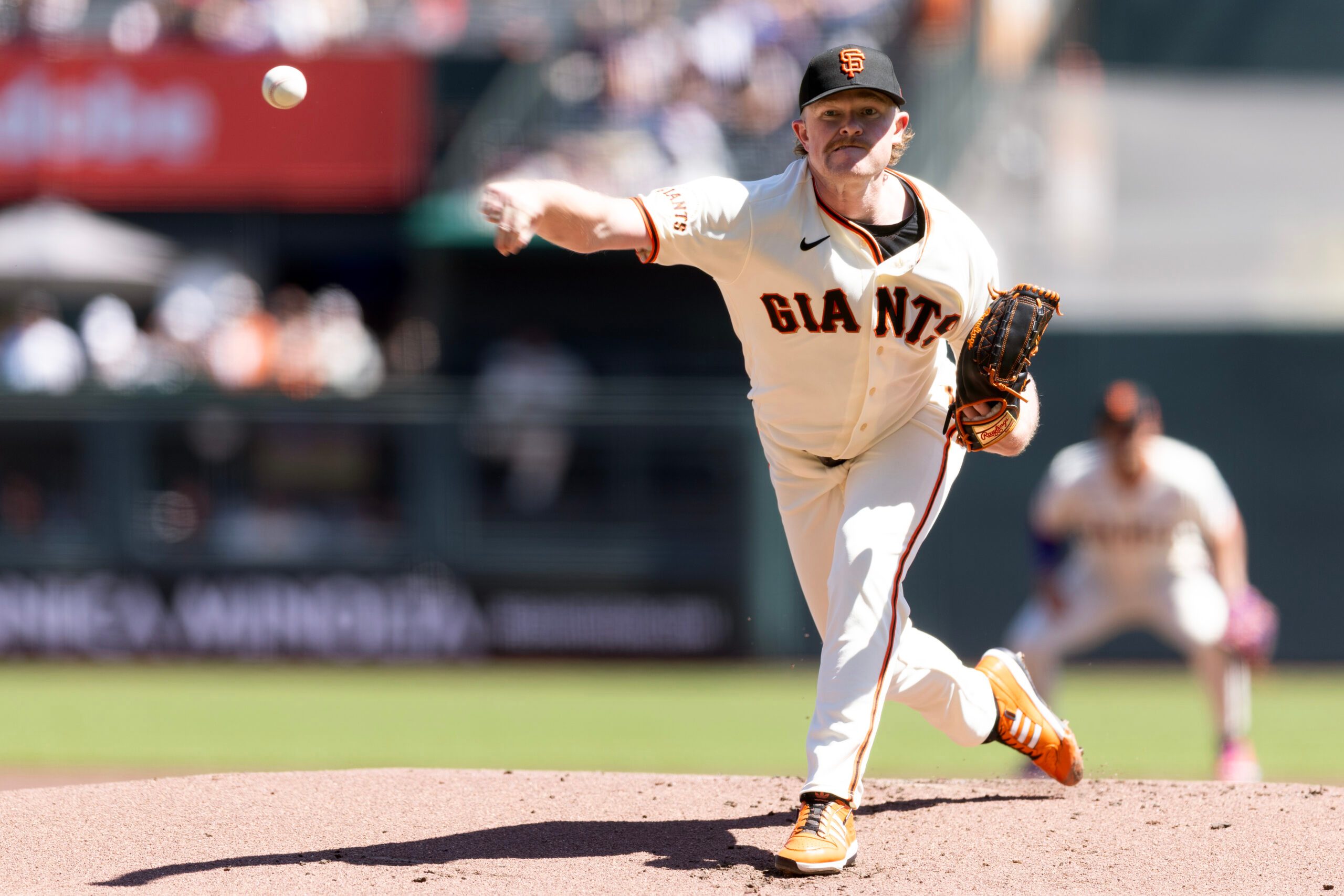Apr 5, 2026; San Francisco, California, USA; San Francisco Giants starting pitcher Logan Webb (62) delivers a pitch against the New York Mets during the first inning at Oracle Park. Mandatory Credit: D. Ross Cameron-Imagn Images