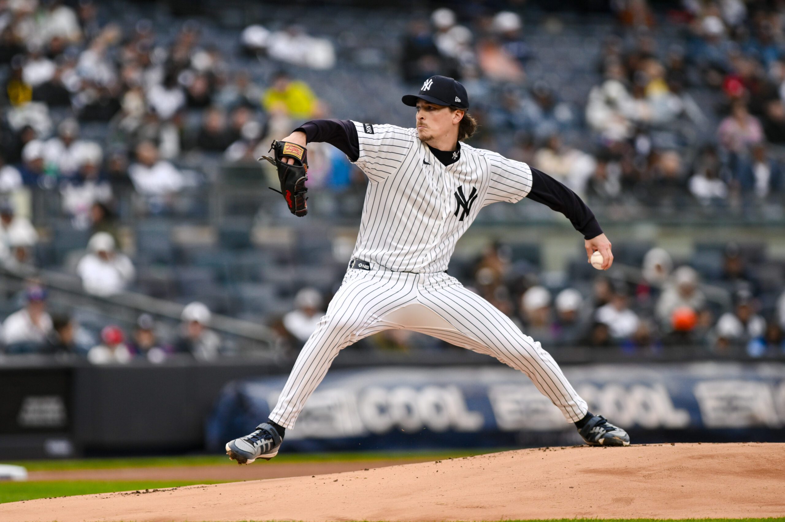 Apr 5, 2026; Bronx, New York, USA; New York Yankees pitcher Max Fried (54) pitches against the Miami Marlins during the first inning at Yankee Stadium. Mandatory Credit: John Jones-Imagn Images