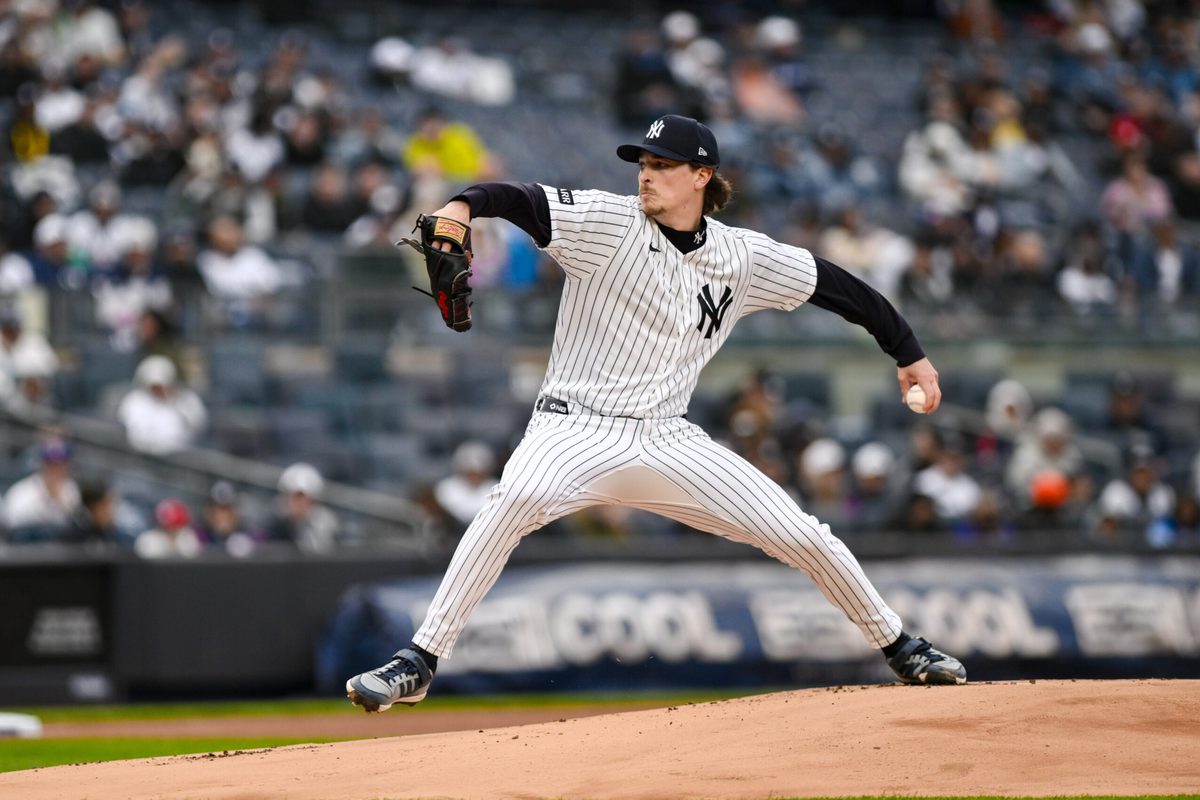 Apr 5, 2026; Bronx, New York, USA; New York Yankees pitcher Max Fried (54) pitches against the Miami Marlins during the first inning at Yankee Stadium. Mandatory Credit: John Jones-Imagn Images