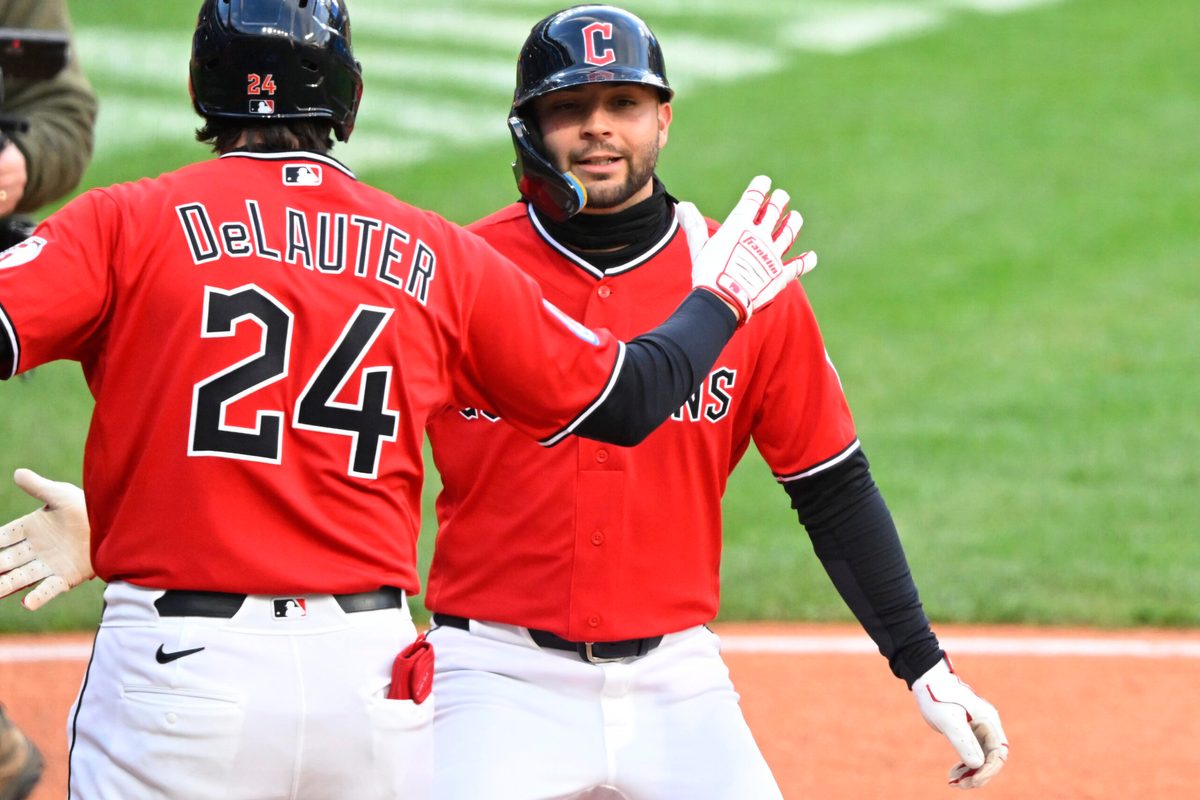 Apr 5, 2026; Cleveland, Ohio, USA; Cleveland Guardians right fielder CJ Kayfus (2) celebrates his solo home run with designated hitter Chase DeLauter (24) in the eighth inning against the Chicago Cubs at Progressive Field. Mandatory Credit: David Richard-Imagn Images