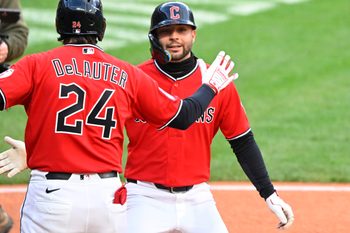 Apr 5, 2026; Cleveland, Ohio, USA; Cleveland Guardians right fielder CJ Kayfus (2) celebrates his solo home run with designated hitter Chase DeLauter (24) in the eighth inning against the Chicago Cubs at Progressive Field. Mandatory Credit: David Richard-Imagn Images