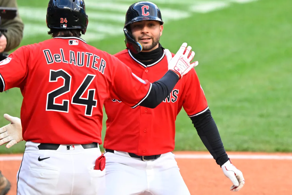 Apr 5, 2026; Cleveland, Ohio, USA; Cleveland Guardians right fielder CJ Kayfus (2) celebrates his solo home run with designated hitter Chase DeLauter (24) in the eighth inning against the Chicago Cubs at Progressive Field. Mandatory Credit: David Richard-Imagn Images
