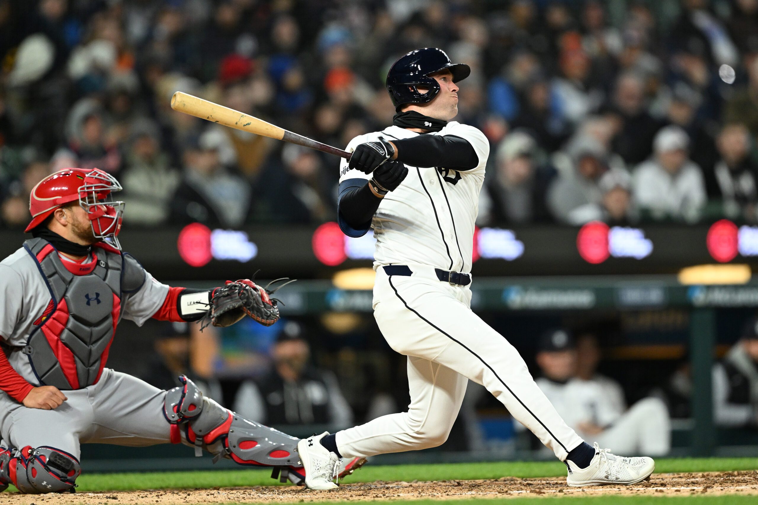 Apr 5, 2026; Detroit, Michigan, USA;  Detroit Tigers right fielder Kerry Carpenter (30) hits a two-run home run against the St. Louis in the third inning at Comerica Park. Mandatory Credit: Lon Horwedel-Imagn Images