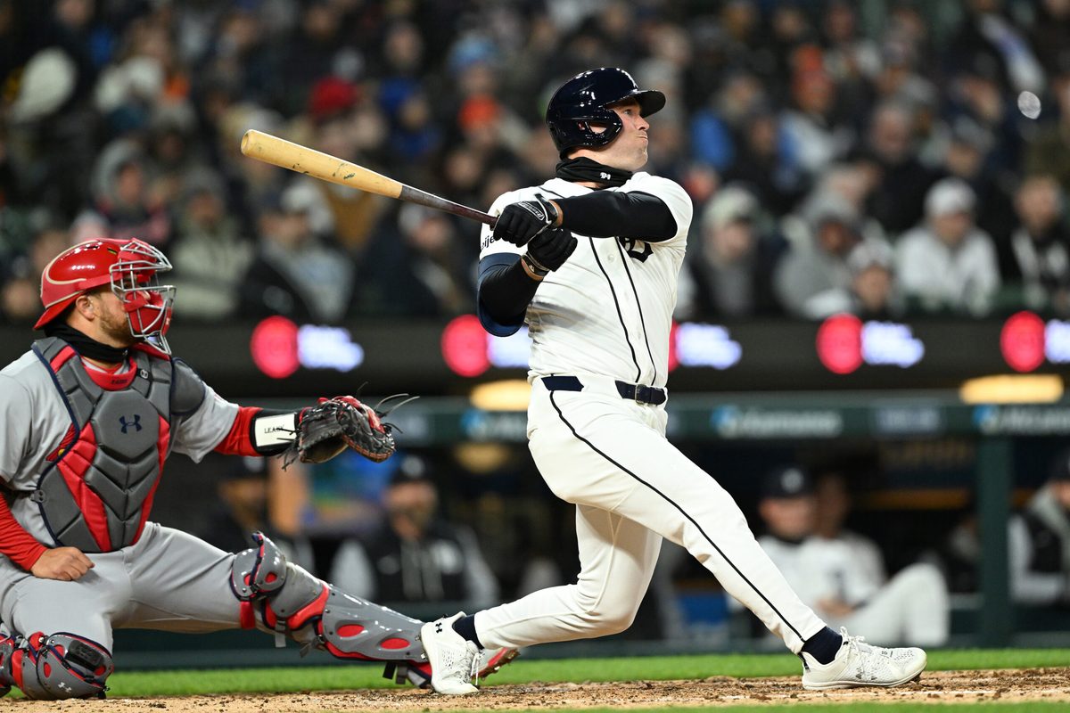 Apr 5, 2026; Detroit, Michigan, USA;  Detroit Tigers right fielder Kerry Carpenter (30) hits a two-run home run against the St. Louis in the third inning at Comerica Park. Mandatory Credit: Lon Horwedel-Imagn Images