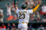 Apr 5, 2026; West Sacramento, California, USA; Athletics catcher Shea Langeliers (23) celebrates on the way to home plate against the Houston Astros during the tenth inning at Sutter Health Park. Mandatory Credit: Neville E. Guard-Imagn Images