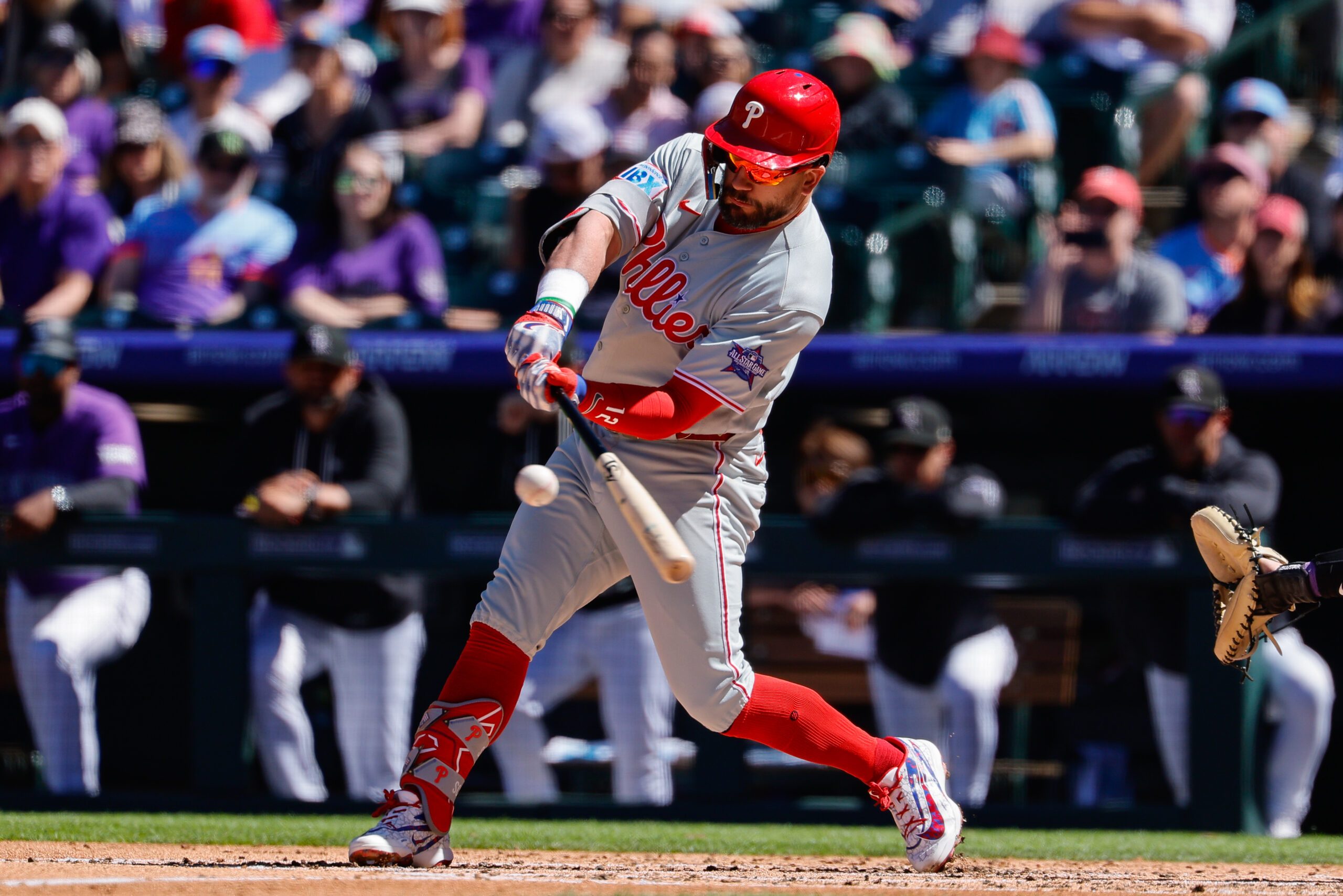 Apr 5, 2026; Denver, Colorado, USA; Philadelphia Phillies designated hitter Kyle Schwarber (12) bats in the third inning against the Colorado Rockies at Coors Field. Mandatory Credit: Isaiah J. Downing-Imagn Images