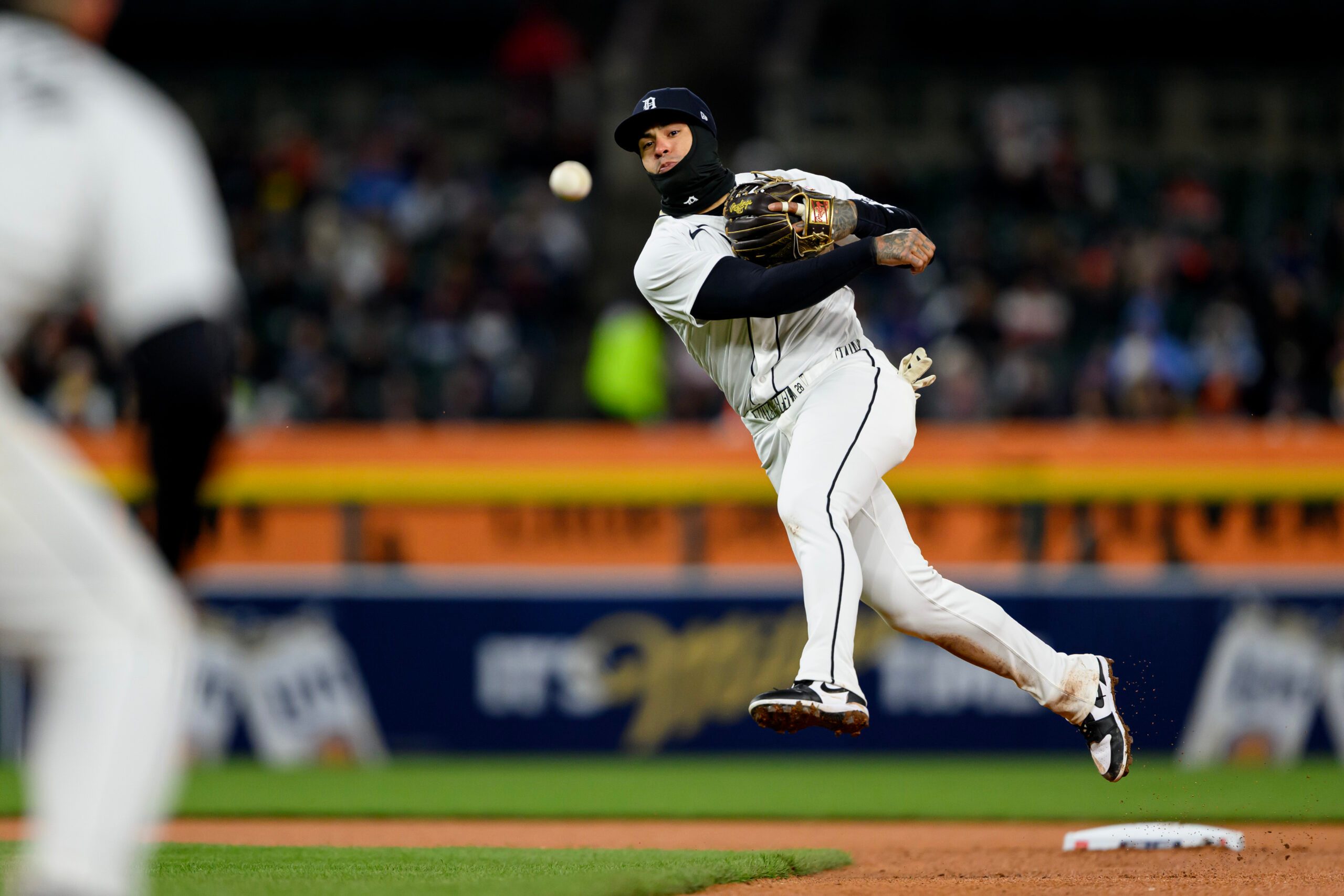 Apr 5, 2026; Detroit, Michigan, USA;  Detroit Tigers shortstop Javier Báez (28) throws out a St. Louis Cardinals batter at first base in the sixth inning at Comerica Park. Mandatory Credit: Lon Horwedel-Imagn Images