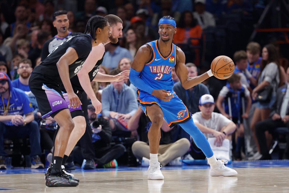 Apr 5, 2026; Oklahoma City, Oklahoma, USA; Oklahoma City Thunder guard Shai Gilgeous-Alexander (2) drives against Utah Jazz guard Svi Mykhailiuk (10) during the second half at Paycom Center. Mandatory Credit: Alonzo Adams-Imagn Images