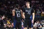 Apr 5, 2026; Dallas, Texas, USA;  Dallas Mavericks forward Cooper Flagg (32) celebrates with Dallas Mavericks guard Brandon Williams (10) during the second half against the Los Angeles Lakers at American Airlines Center. Mandatory Credit: Kevin Jairaj-Imagn Images