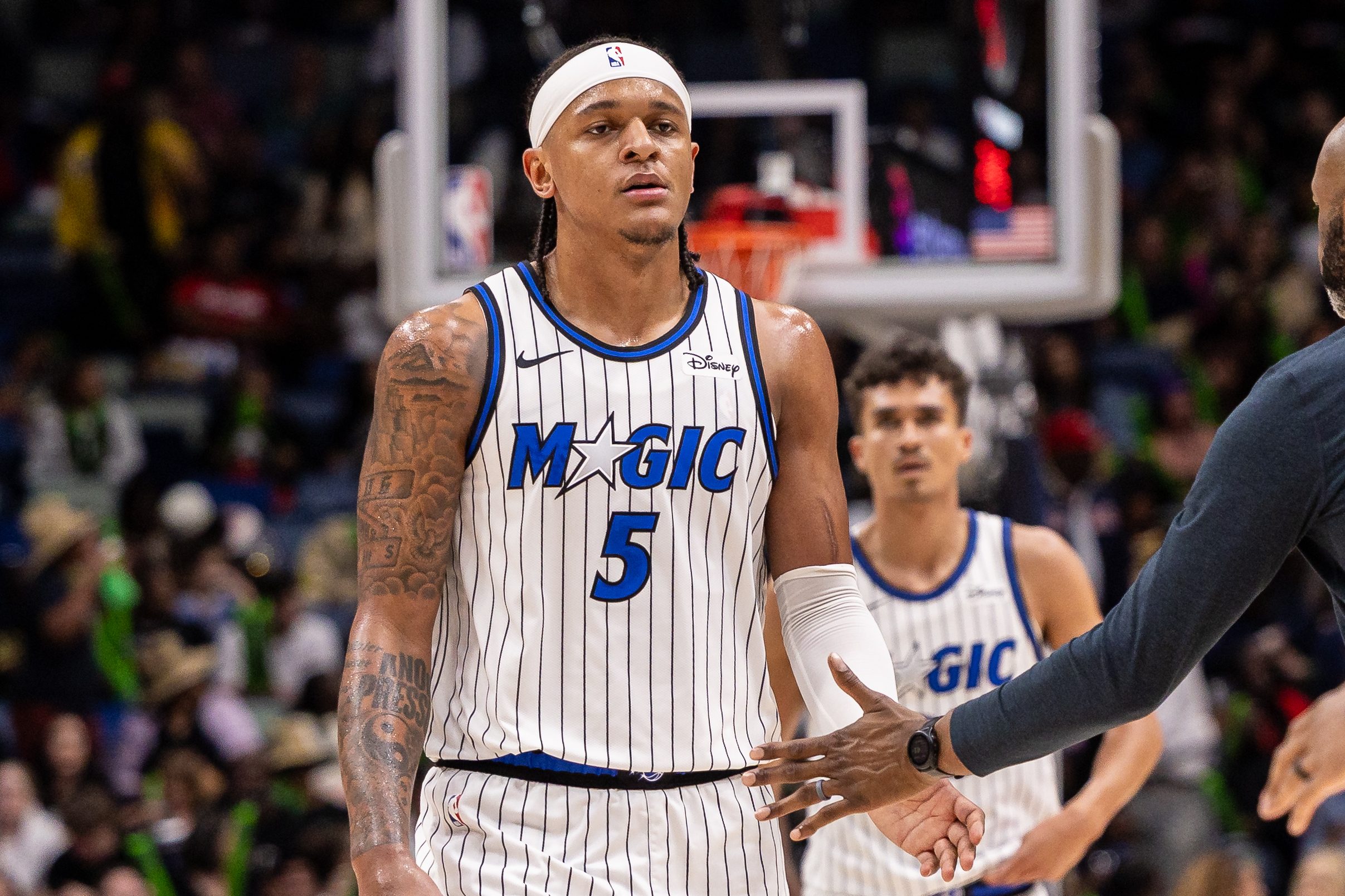 Apr 5, 2026; New Orleans, Louisiana, USA;  Orlando Magic forward Paolo Banchero (5) looks on against the New Orleans Pelicans during the second half at Smoothie King Center. Mandatory Credit: Stephen Lew-Imagn Images