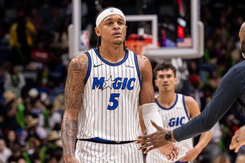 Apr 5, 2026; New Orleans, Louisiana, USA;  Orlando Magic forward Paolo Banchero (5) looks on against the New Orleans Pelicans during the second half at Smoothie King Center. Mandatory Credit: Stephen Lew-Imagn Images