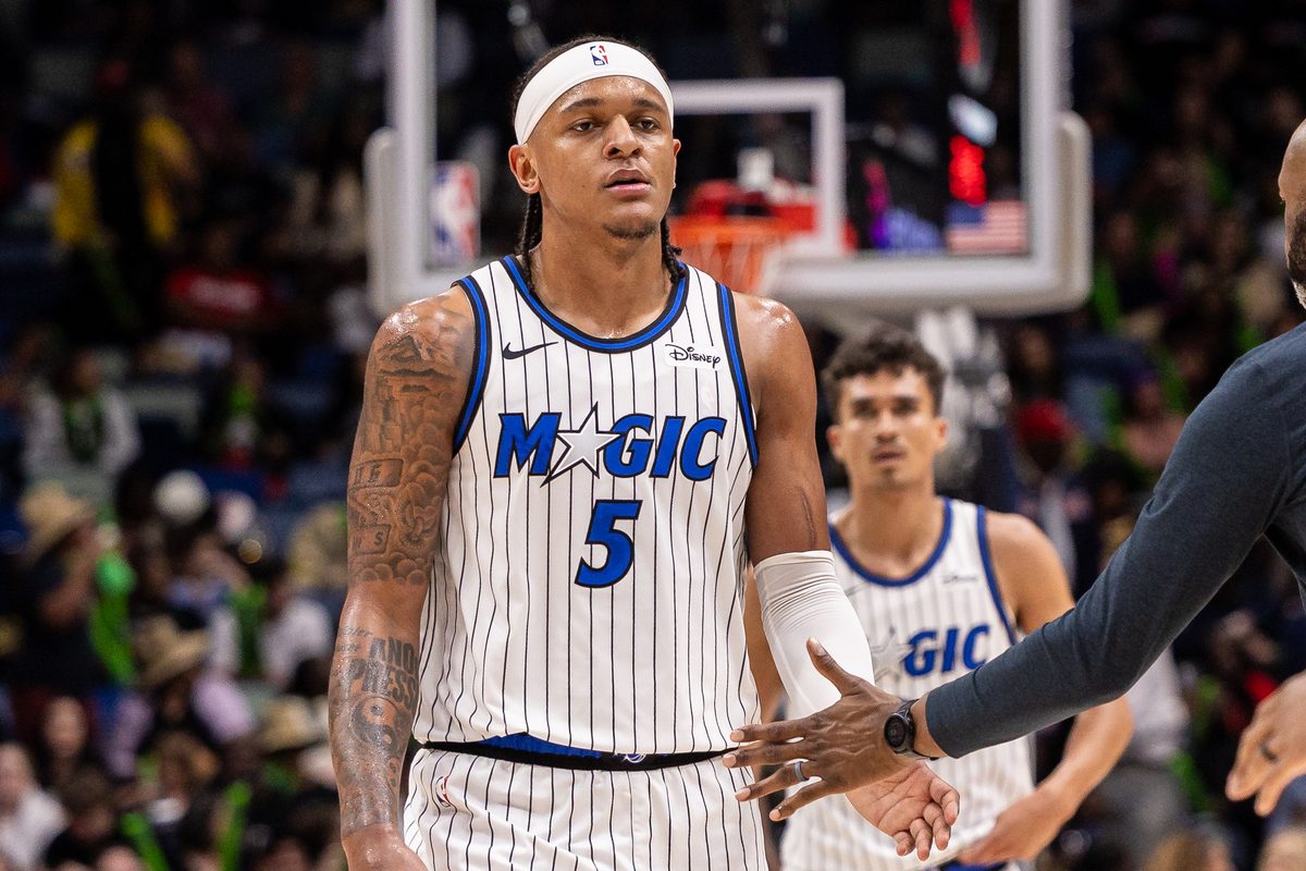 Apr 5, 2026; New Orleans, Louisiana, USA; Orlando Magic forward Paolo Banchero (5) looks on against the New Orleans Pelicans during the second half at Smoothie King Center. Mandatory Credit: Stephen Lew-Imagn Images