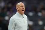 Apr 5, 2026; Sacramento, California, USA; Sacramento Kings head coach Doug Christie yells during the second quarter against the LA Clippers at Golden 1 Center. Mandatory Credit: Darren Yamashita-Imagn Images