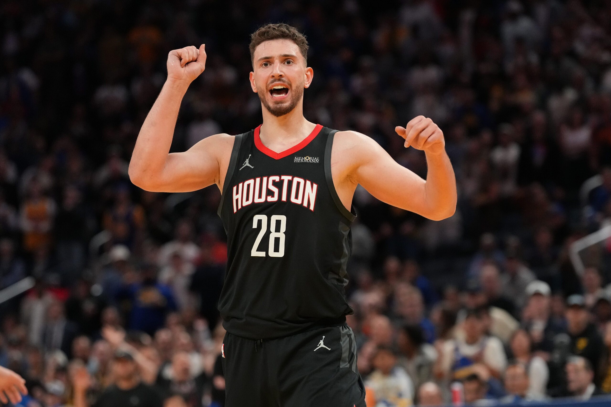 Apr 5, 2026; San Francisco, California, USA; Houston Rockets center Alperen Sengun (28) reacts after making a shot while being fouled against the Golden State Warriors in the fourth quarter at the Chase Center. Mandatory Credit: Cary Edmondson-Imagn Images