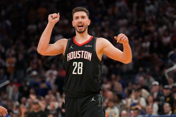 Apr 5, 2026; San Francisco, California, USA; Houston Rockets center Alperen Sengun (28) reacts after making a shot while being fouled against the Golden State Warriors in the fourth quarter at the Chase Center. Mandatory Credit: Cary Edmondson-Imagn Images