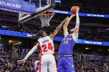 Apr 6, 2026; Orlando, Florida, USA; Orlando Magic center Goga Bitadze (35) goes to the basket against Detroit Pistons guard Daniss Jenkins (24) during the second half at Kia Center. Mandatory Credit: Mike Watters-Imagn Images